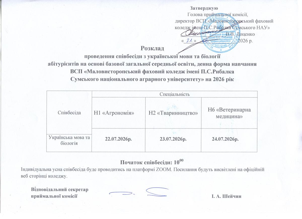  Розклад проведення співбесіди з української мови та біології абітурієнтів на основі базової загальної середньої освіти, денна форма навчання ВСП «Маловисторопський фаховий коледж імені П.С. Рибалка Сумського національного аграрного університету» на 2026 р