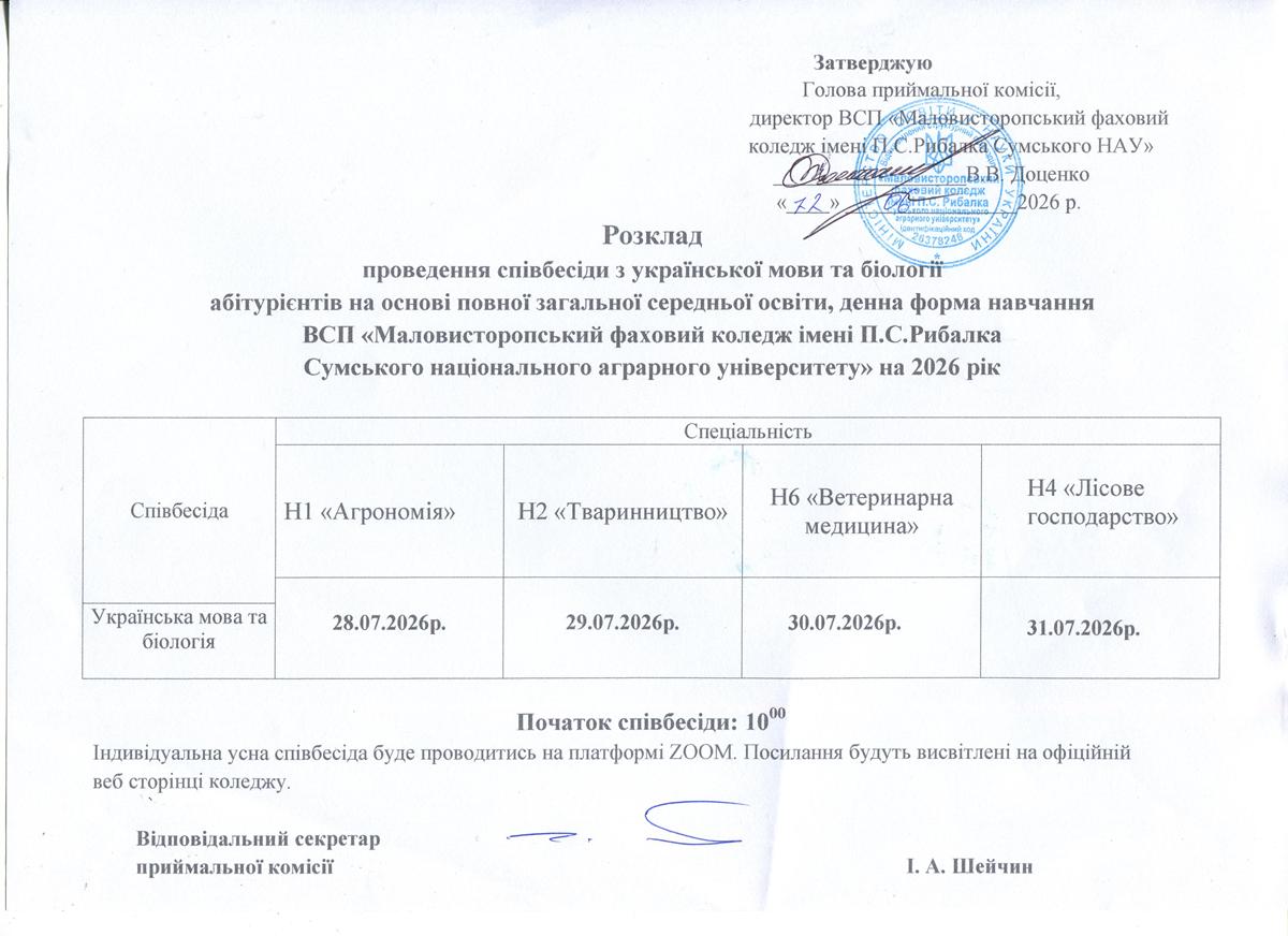  Розклад проведення співбесіди з української мови та біології абітурієнтів на основі повної загальної середньої освіти, денна форма навчання ВСП «Маловисторопський фаховий коледж імені П.С.Рибалка Сумського національного аграрного університету» на 2026 рік